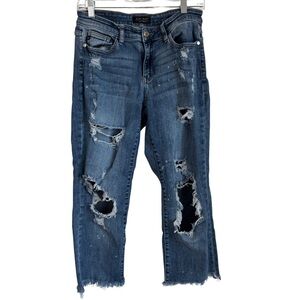 Judy Blue Distressed Women’s Jeans Raw Hem Size 7 Size 28 Cropped Ankle Straight